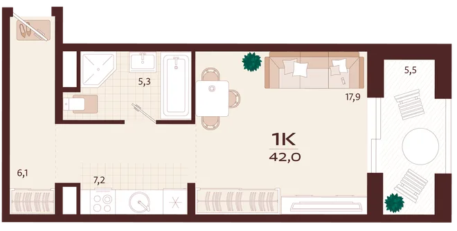 Планировка 1-комн. квартира, 42 м² ЖК «Роялта»