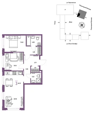 Планировка 3-комн. квартира, 63.12 м² ЖК «Сердце Сибири»