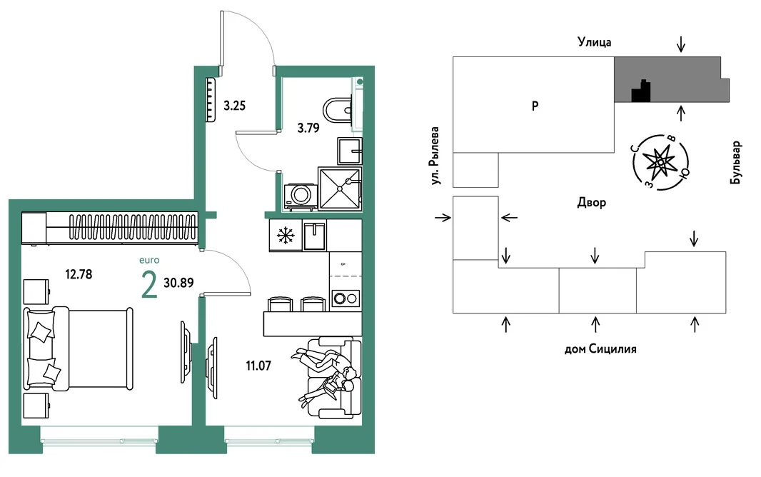 Планировка 2-комн. квартира, 30.89 м² ЖК «Остров-сад»
