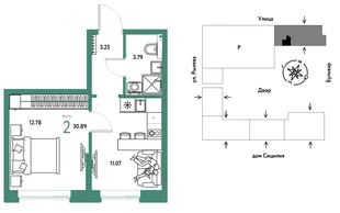 Планировка 2-комн. квартира, 30.89 м² ЖК «Остров-сад»