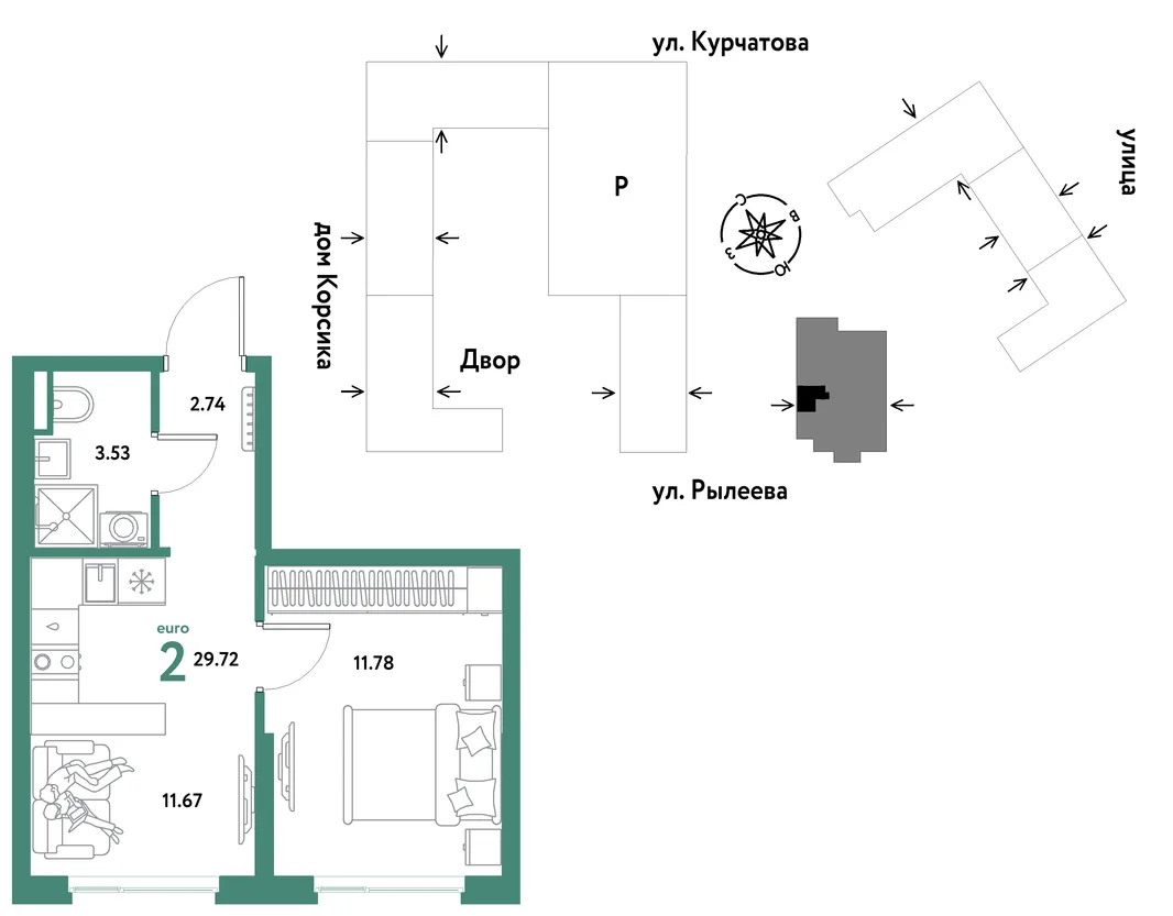 Планировка 2-комн. квартира, 29.72 м² ЖК «Остров-сад»