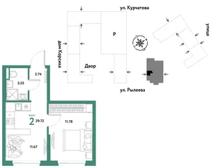 Планировка 2-комн. квартира, 29.72 м² ЖК «Остров-сад»