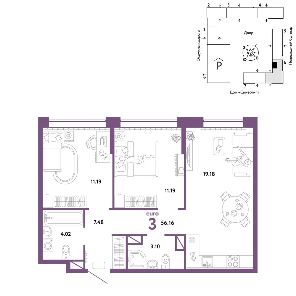 Планировка 3-комн. квартира, 56.16 м² ЖК «Юнион»