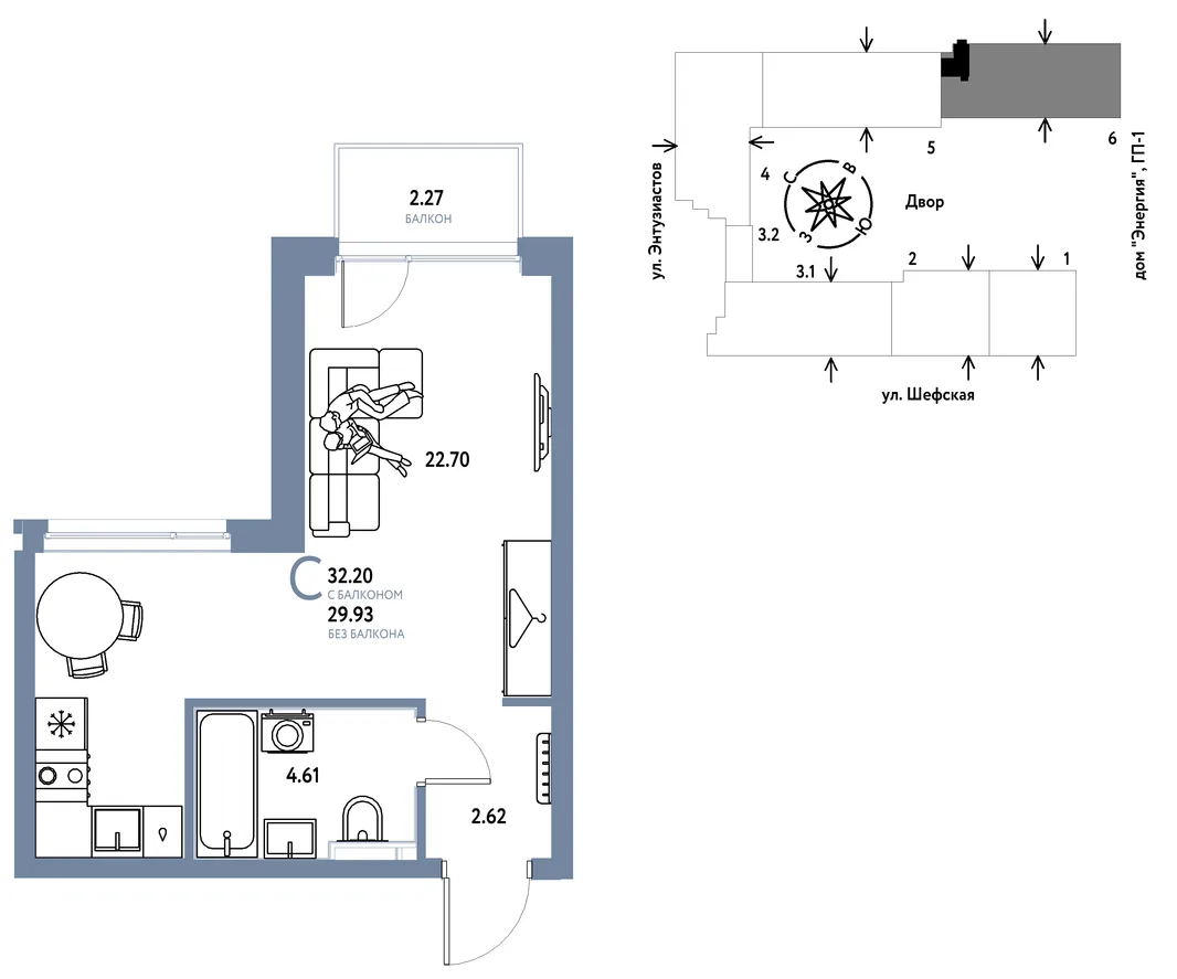 Планировка Студия, 32.2 м² ЖК «Страна.Энтузиастов»