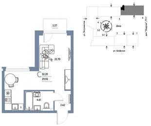 Планировка Студия, 32.2 м² ЖК «Страна.Энтузиастов»