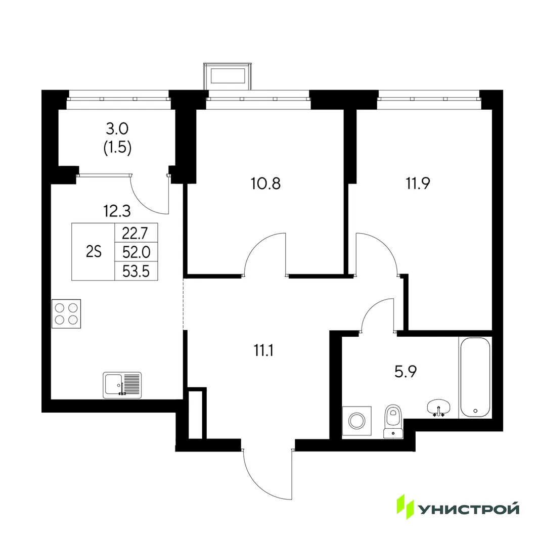 Планировка 2-комн. квартира, 53.5 м² ЖК «Стадиум»