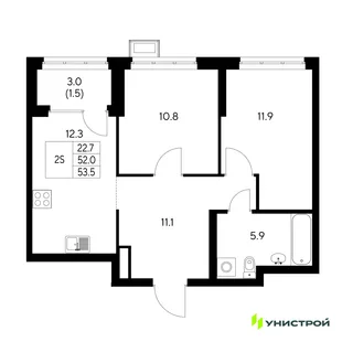 Планировка 2-комн. квартира, 53.5 м² ЖК «Стадиум»