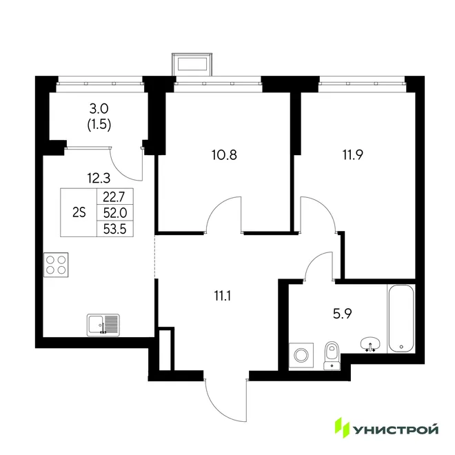 Планировка 2-комн. квартира, 53.5 м² ЖК «Стадиум» Планировка 2-комн. квартира, 53.5 м² ЖК «Стадиум»