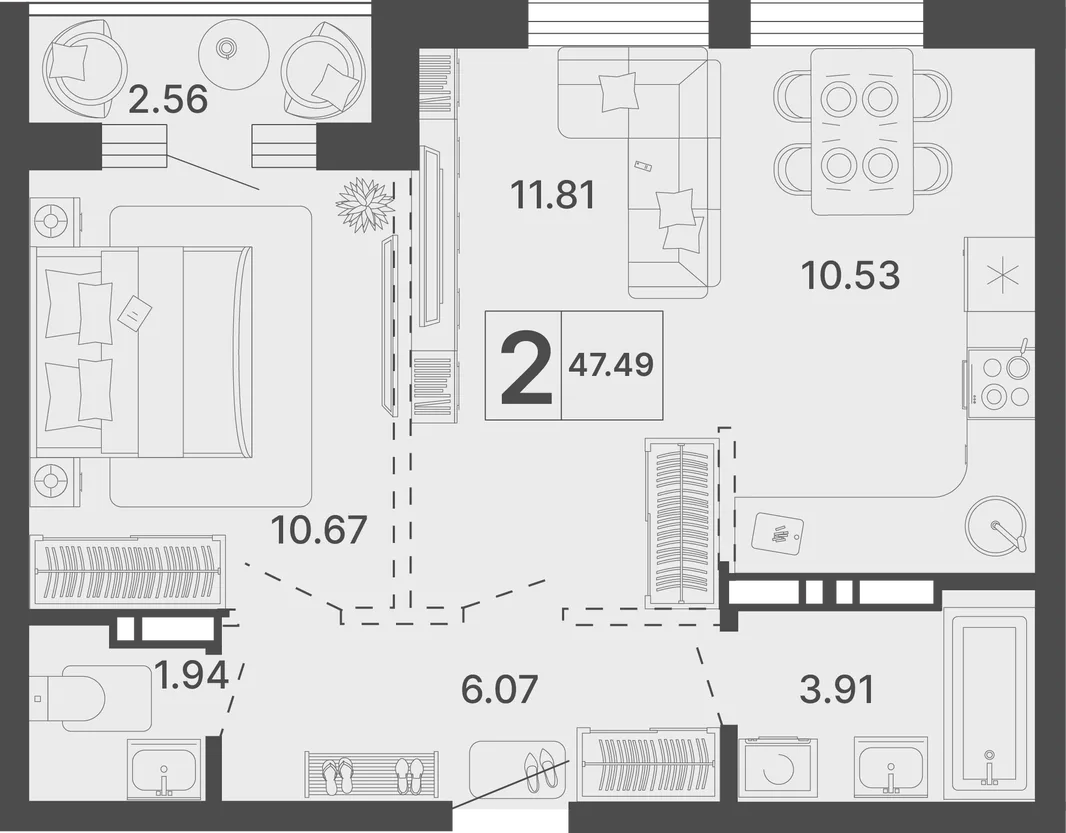 Планировка 2-комн. квартира, 47.49 м² ЖК «Светский лес»