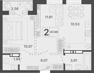 Планировка 2-комн. квартира, 47.49 м² ЖК «Светский лес»