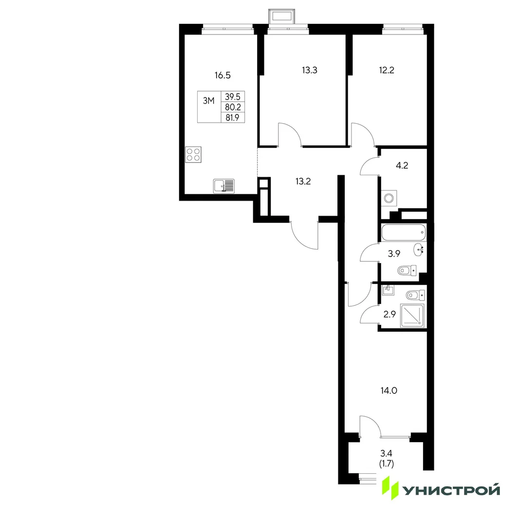 Планировка 3-комн. квартира, 81.9 м² ЖК «Стадиум»