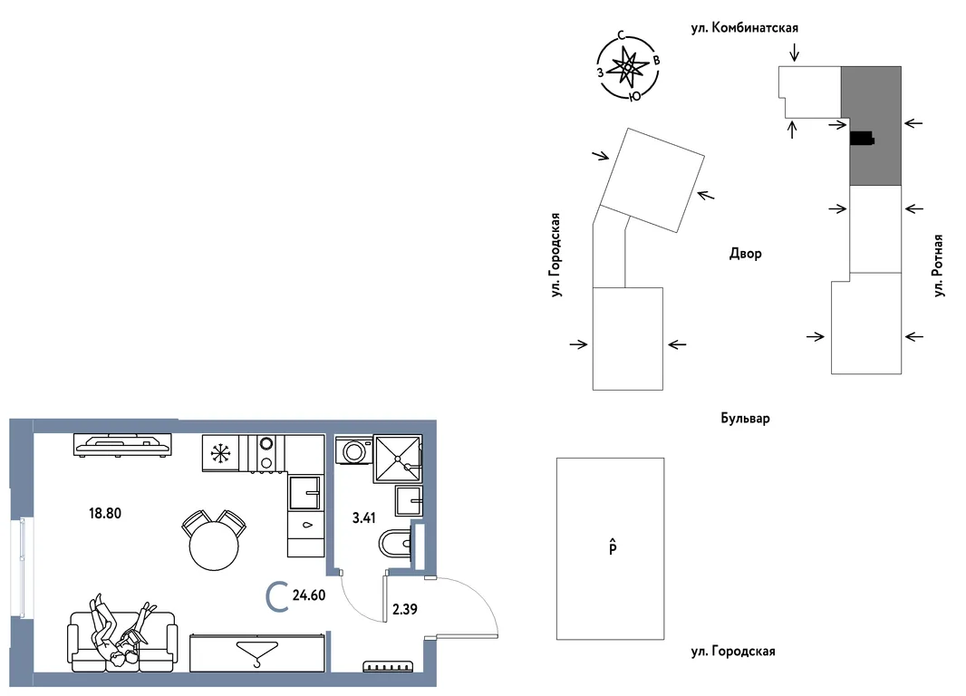 Планировка Студия, 24.6 м² ЖК «Уральский сад»