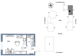 Планировка Студия, 24.6 м² ЖК «Уральский сад»