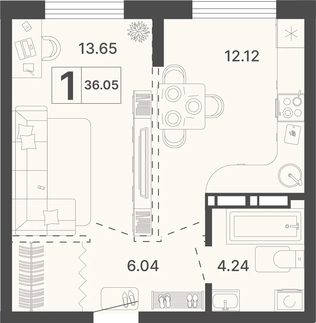Планировка 1-комн. квартира, 36.05 м² ЖК «Светский лес»