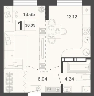 Планировка 1-комн. квартира, 36.05 м² ЖК «Светский лес»