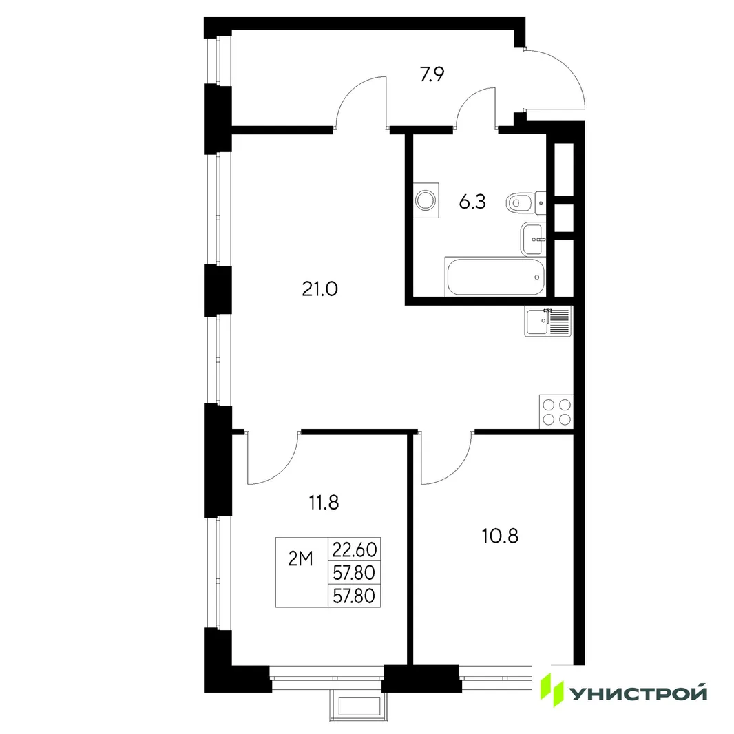 Планировка 2-комн. квартира, 57.8 м² ЖК «Стадиум»