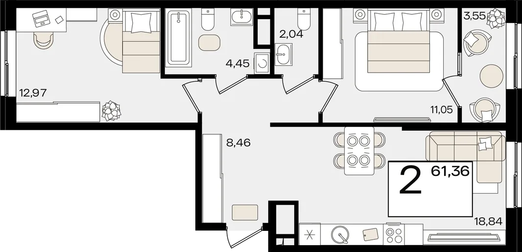 Планировка 2-комн. квартира, 61.36 м² ЖК «Патрики»