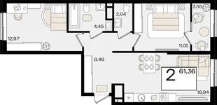 Планировка 2-комн. квартира, 61.36 м² ЖК «Патрики»