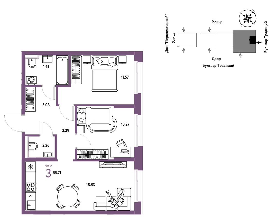 Планировка 3-комн. квартира, 55.71 м² ЖК «Микрорайон Домашний»