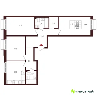 Планировка 3-комн. квартира, 83.2 м² ЖК «Лисино»
