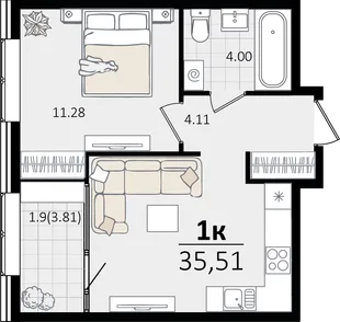 Планировка 1-комн. квартира, 35.51 м² ЖК «Патрики»