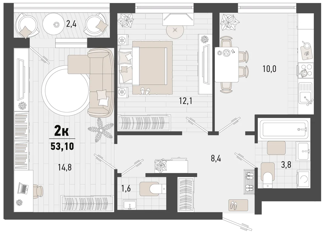 Планировка 2-комн. квартира, 53.1 м² ЖК «Барса»