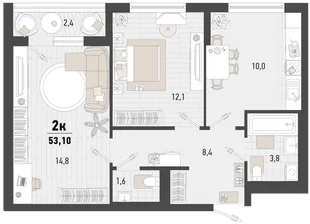 Планировка 2-комн. квартира, 53.1 м² ЖК «Барса»
