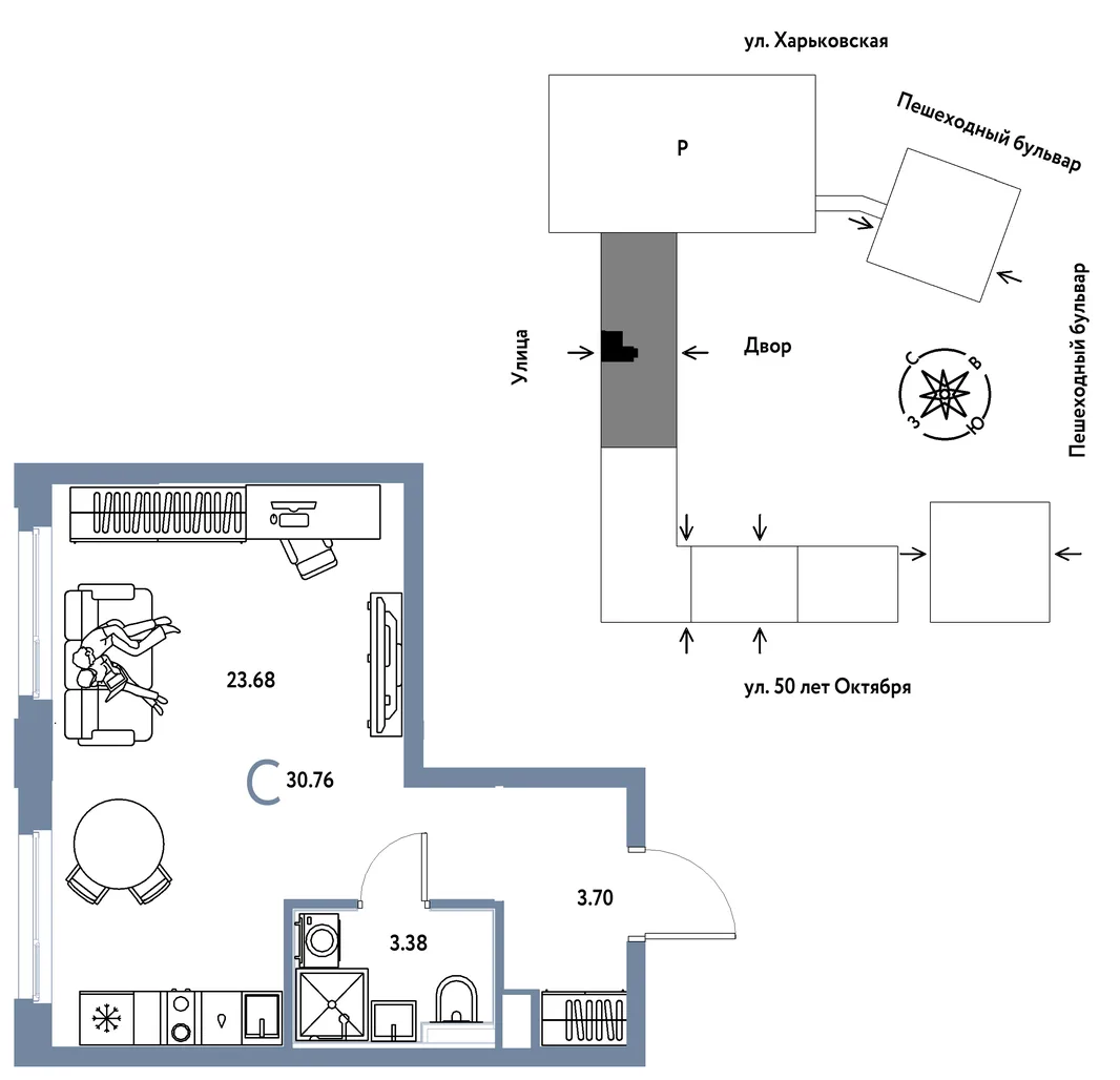 Планировка Студия, 30.76 м² ЖК «Сердце Сибири»