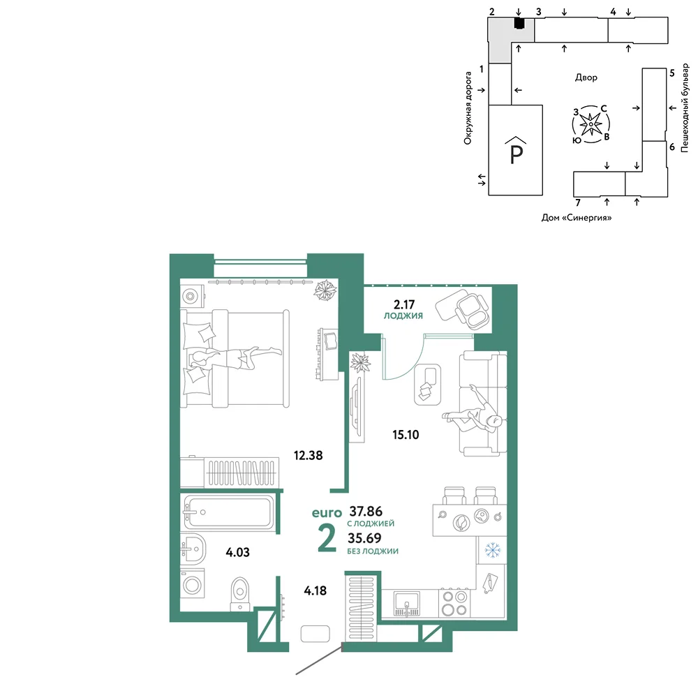 Планировка 2-комн. квартира, 37.86 м² ЖК «Юнион»