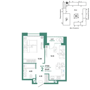 Планировка 2-комн. квартира, 37.86 м² ЖК «Юнион»