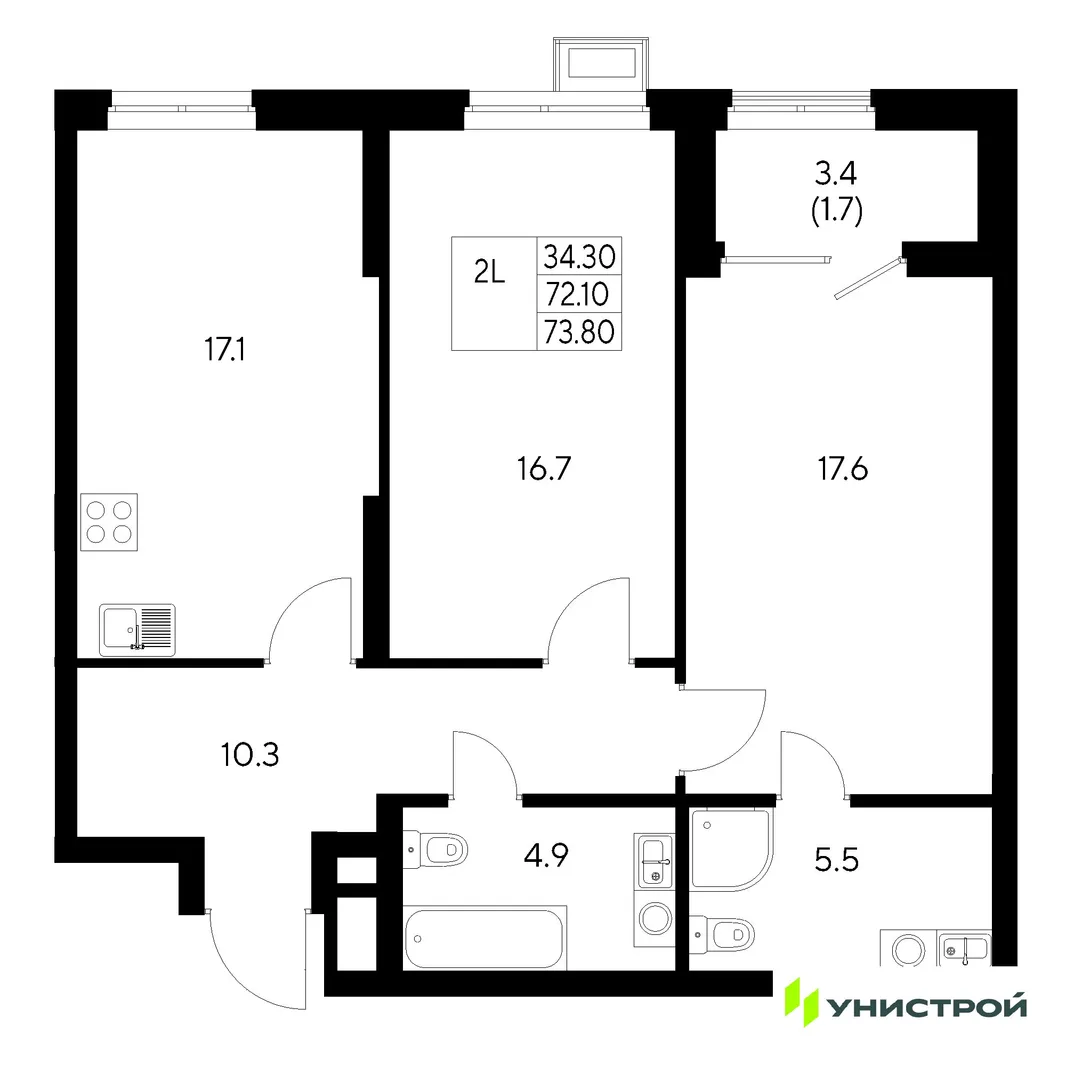Планировка 2-комн. квартира, 73.8 м² ЖК «Стадиум»