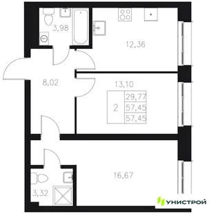 Планировка 2-комн. квартира, 57.45 м² ЖК «Statum»