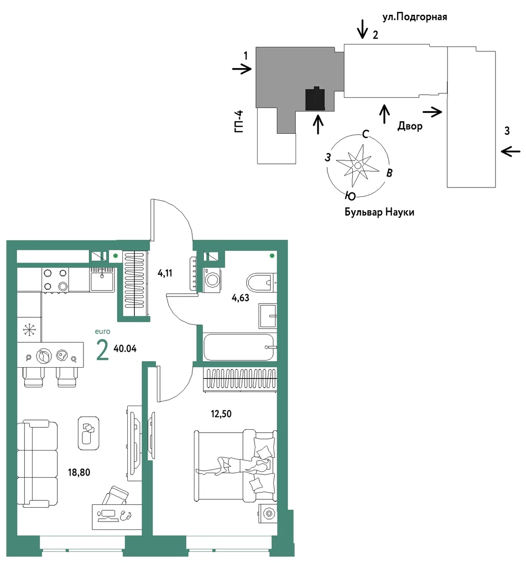 Планировка 2-комн. квартира, 40.04 м² ЖК «Авторский»