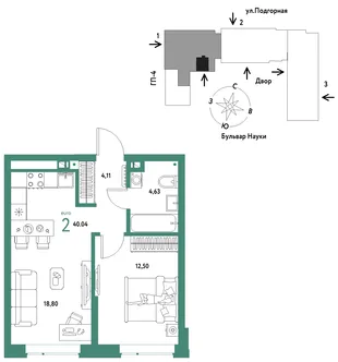 Планировка 2-комн. квартира, 40.04 м² ЖК «Авторский»