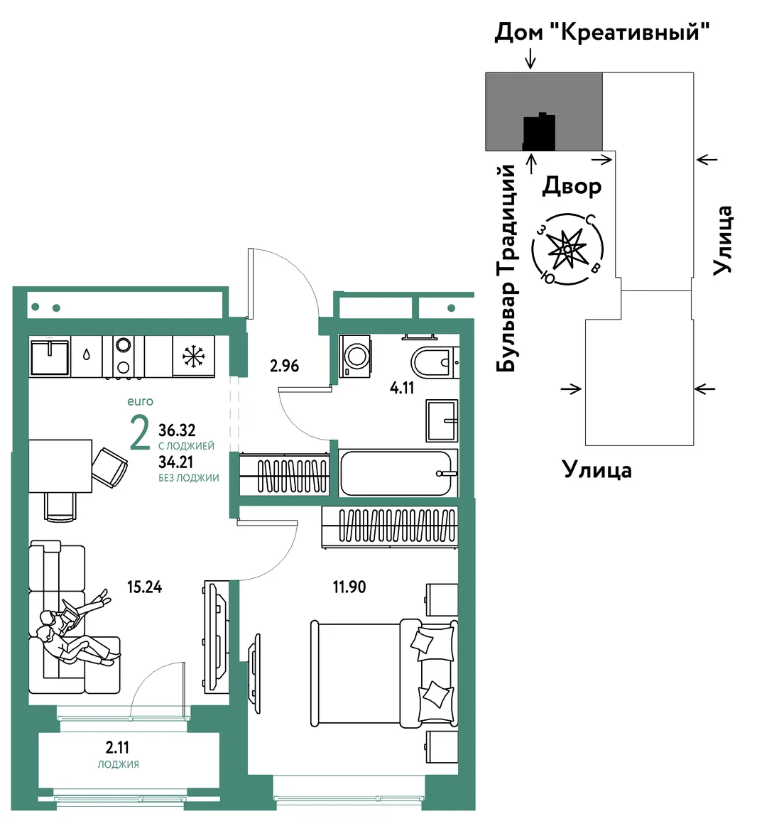 Планировка 2-комн. квартира, 36.32 м² ЖК «Микрорайон Домашний»