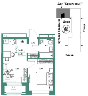 Планировка 2-комн. квартира, 36.32 м² ЖК «Микрорайон Домашний»