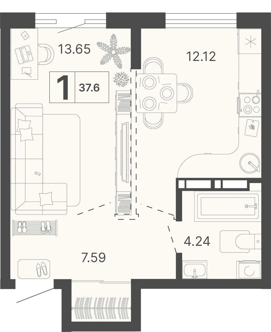 Планировка 1-комн. квартира, 37.6 м² ЖК «Светский лес»