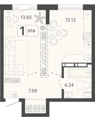 Планировка 1-комн. квартира, 37.6 м² ЖК «Светский лес»