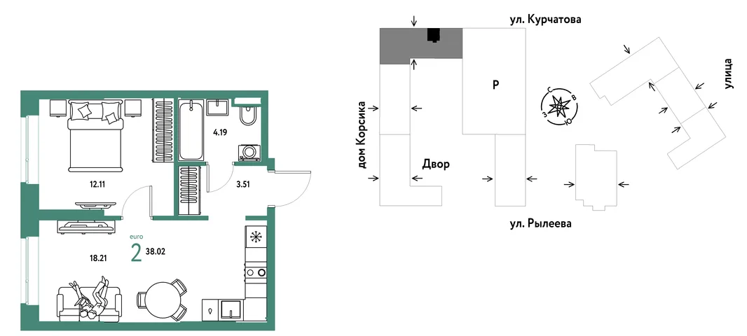 Планировка 2-комн. квартира, 38.02 м² ЖК «Остров-сад»
