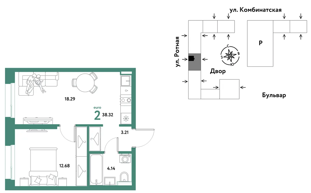 Планировка 2-комн. квартира, 38.11 м² ЖК «Уральский сад»