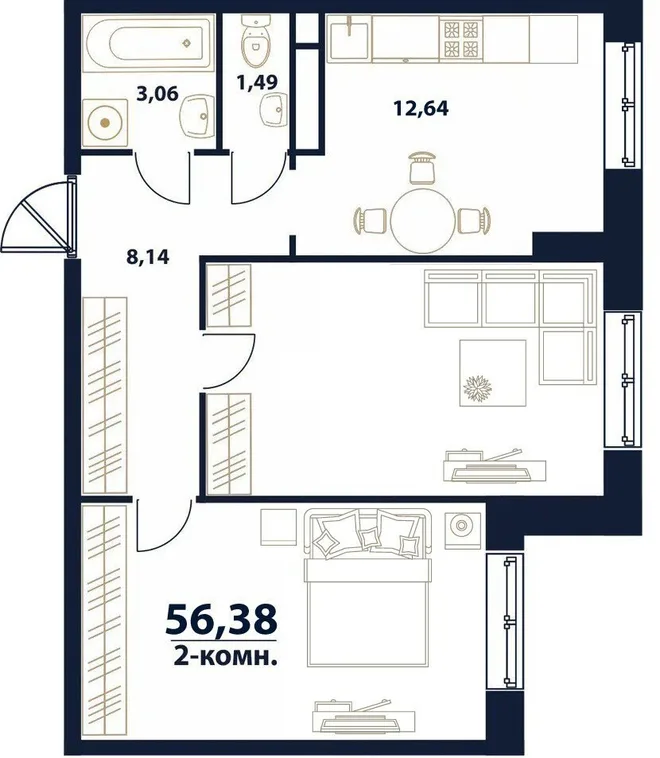 Планировка 2-комн. квартира, 56.38 м² ЖК «Атмосфера» Планировка 2-комн. квартира, 56.38 м² ЖК «Атмосфера»