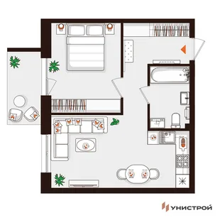 Планировка 1-комн. квартира, 43.56 м² ЖК «Лисино»