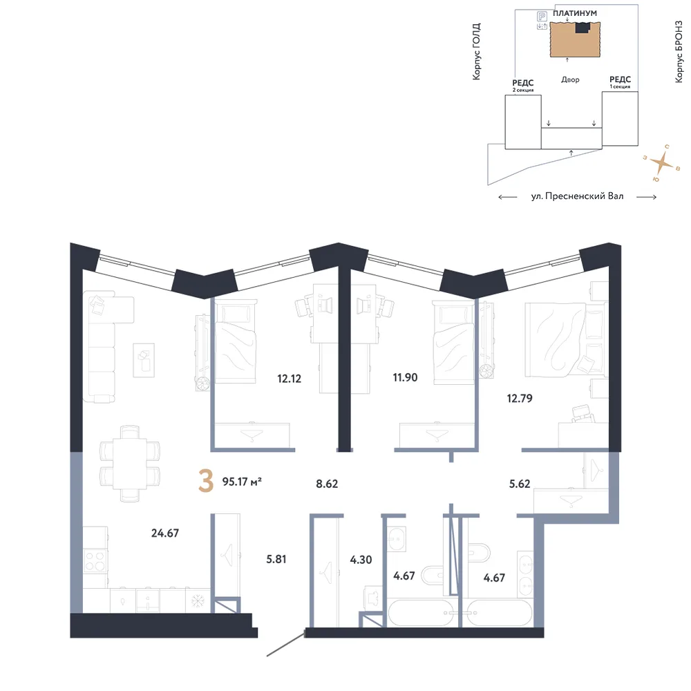 Планировка 3-комн. квартира, 95.17 м² ЖК «Репаблик»