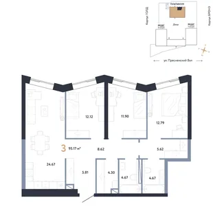 Планировка 3-комн. квартира, 95.17 м² ЖК «Репаблик»