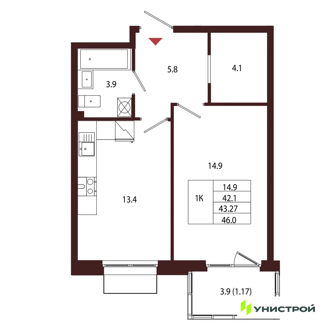 Планировка 1-комн. квартира, 43.27 м² ЖК «Лисино»
