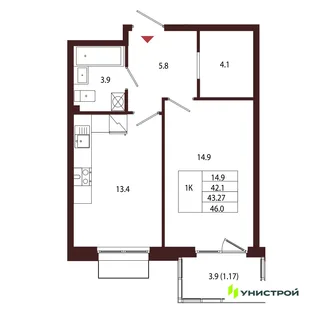 Планировка 1-комн. квартира, 43.27 м² ЖК «Лисино»