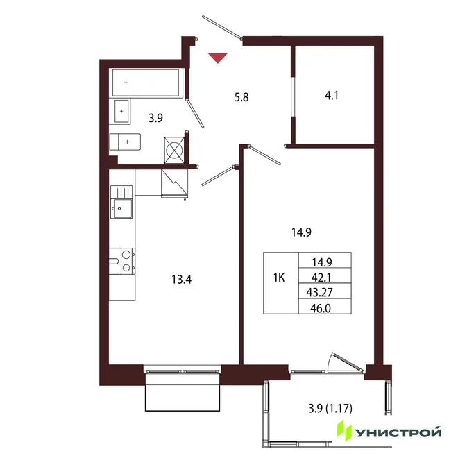 Планировка 1-комн. квартира, 43.27 м² ЖК «Лисино»