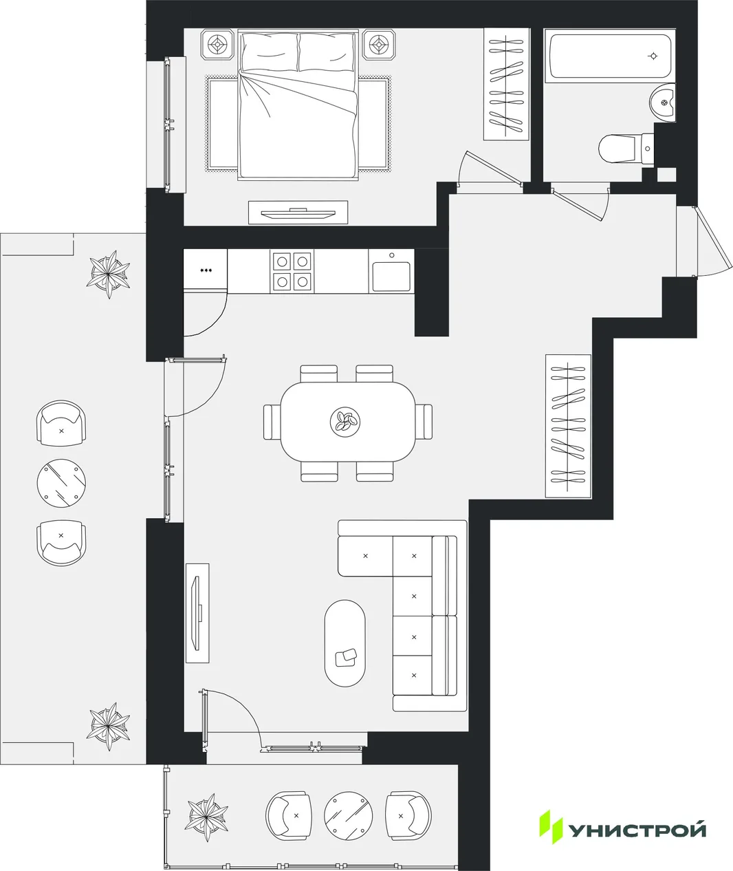 Планировка 1-комн. квартира, 56.82 м² ЖК «Уникум на Ленинском»