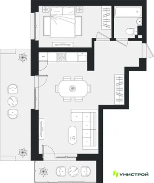 Планировка 1-комн. квартира, 56.82 м² ЖК «Уникум на Ленинском»