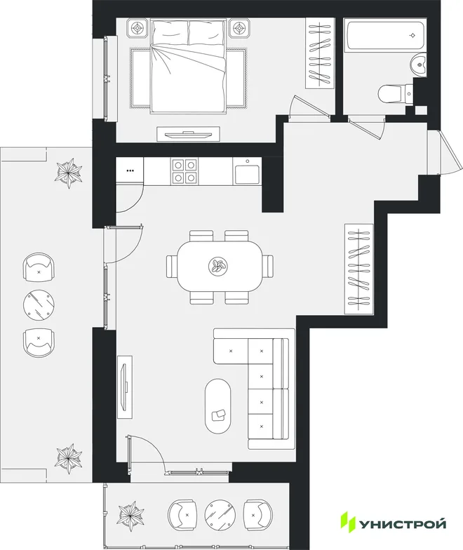 Планировка 1-комн. квартира, 56.82 м² ЖК «Уникум на Ленинском» Планировка 1-комн. квартира, 56.82 м² ЖК «Уникум на Ленинском»